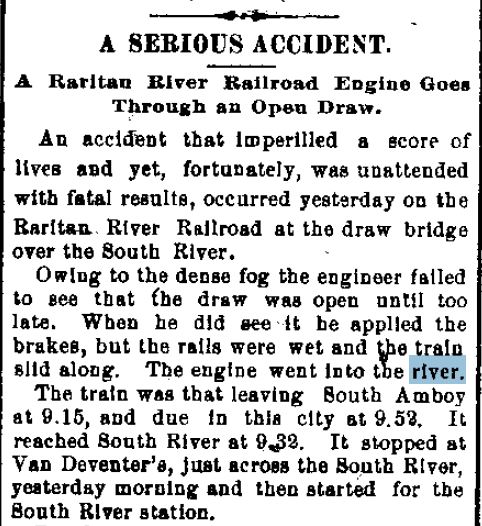 1107 The Daily Times (New Brunswick, NJ) — Thursday, November 7, 1895 Wreck - Engine goes into the South River p1